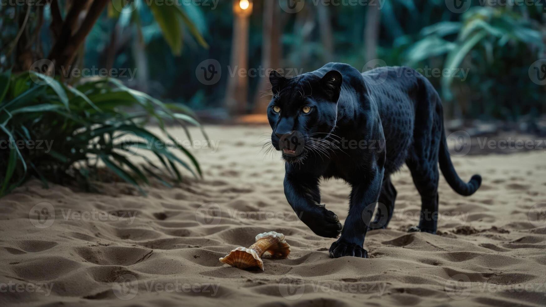 A black panther prowls through a sandy area in a lush, tropical environment. photo