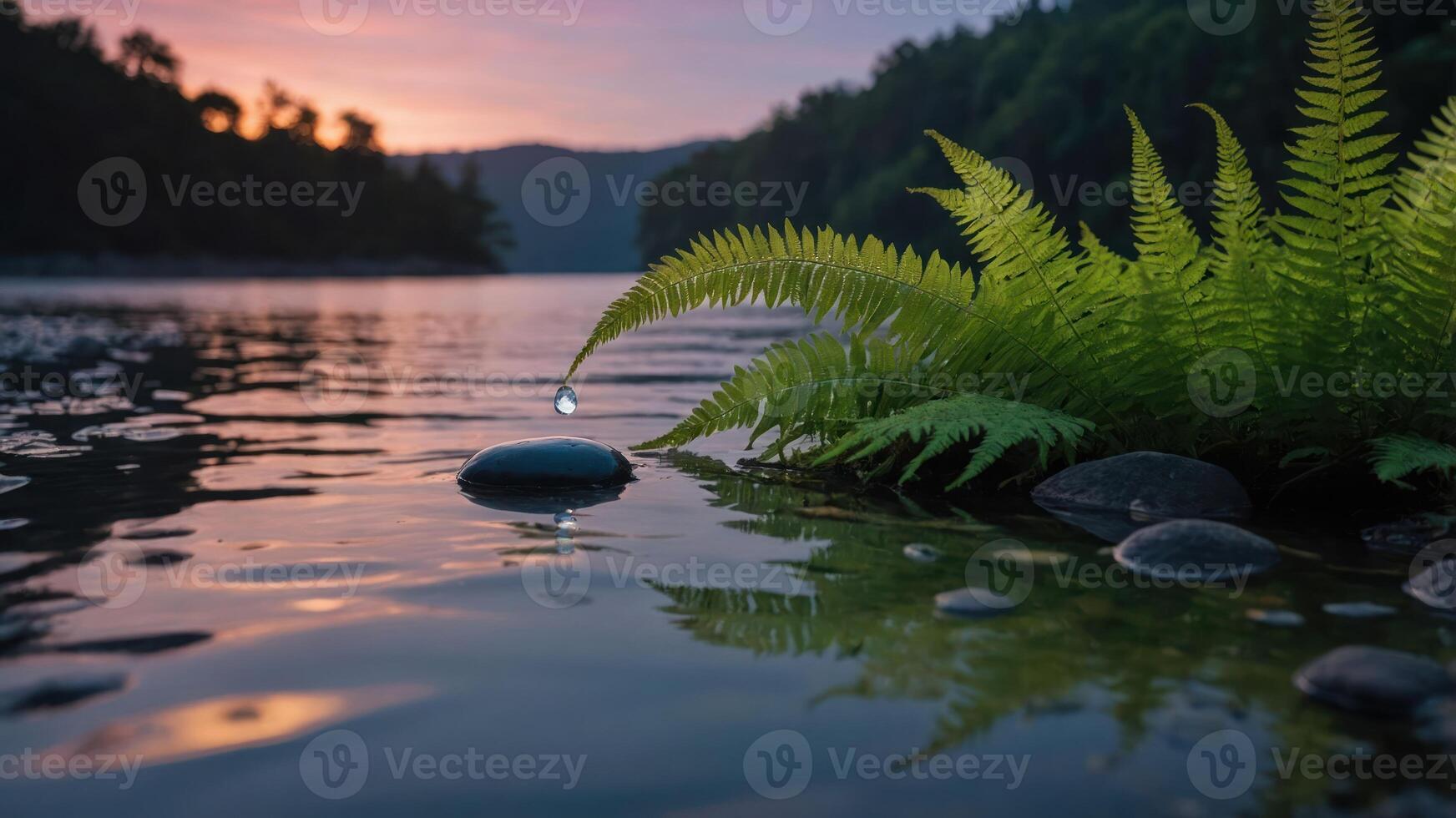 A serene river scene at sunset, featuring ferns and stones with a droplet of water. photo