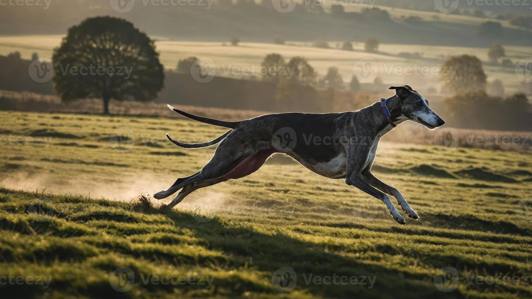 A greyhound joyfully running through a misty field at sunrise. photo