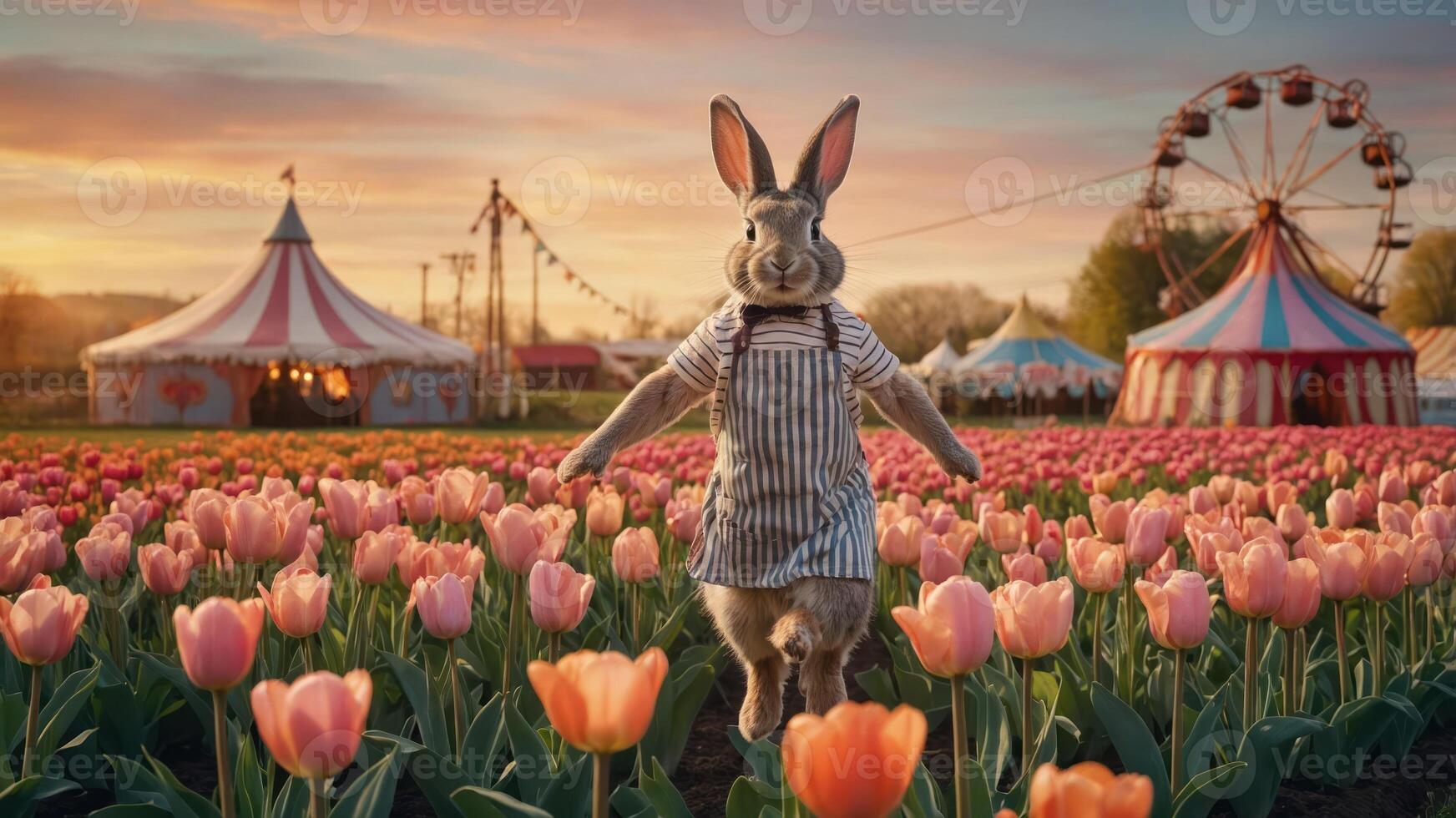 A whimsical rabbit in an apron stands among tulips near a carnival at sunset. photo