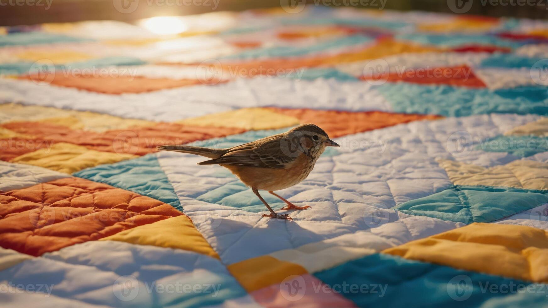 A bird stands on a colorful quilt, illuminated by warm sunlight. photo