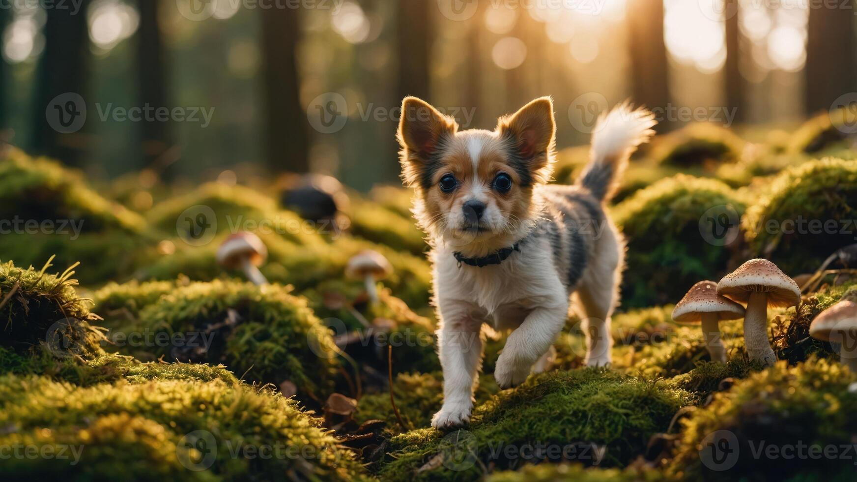 A small dog walking through a mossy forest with mushrooms in the background during sunset. photo