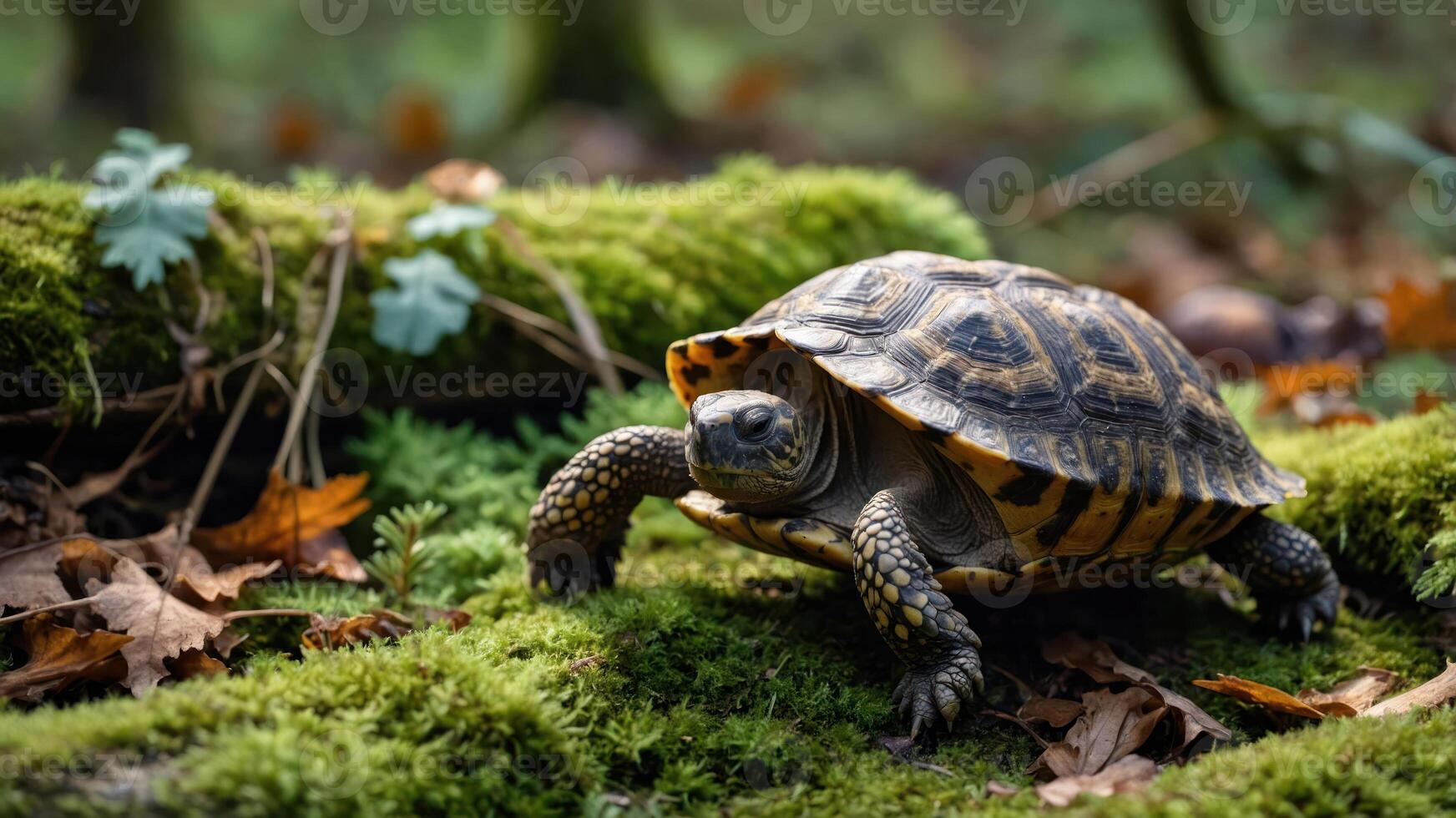 A tortoise moving across mossy ground in a forest setting. photo