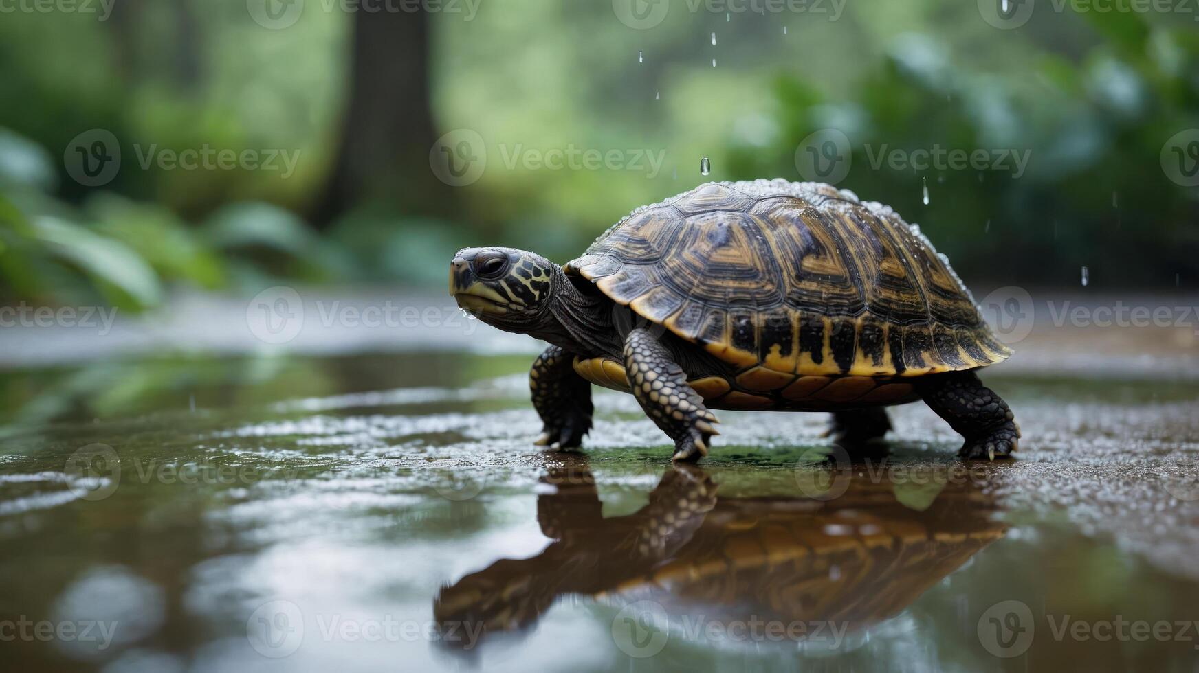 A turtle walking in the rain, reflecting in a puddle amidst lush greenery. photo