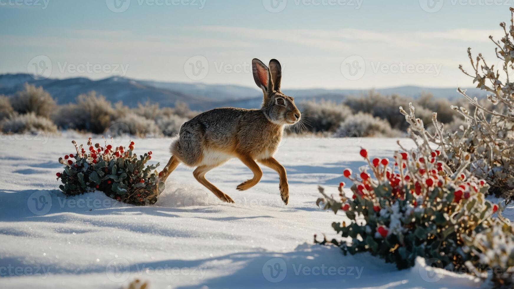 A rabbit leaps through snowy terrain, surrounded by frosty plants under a clear sky. photo