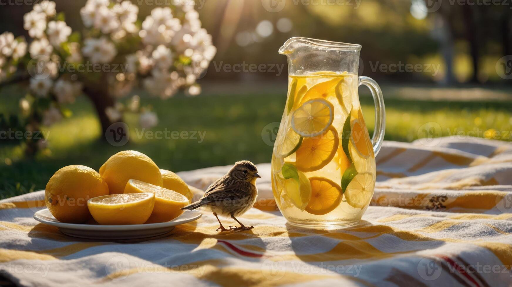 A refreshing pitcher of lemonade with lemons and a small bird on a picnic blanket. photo