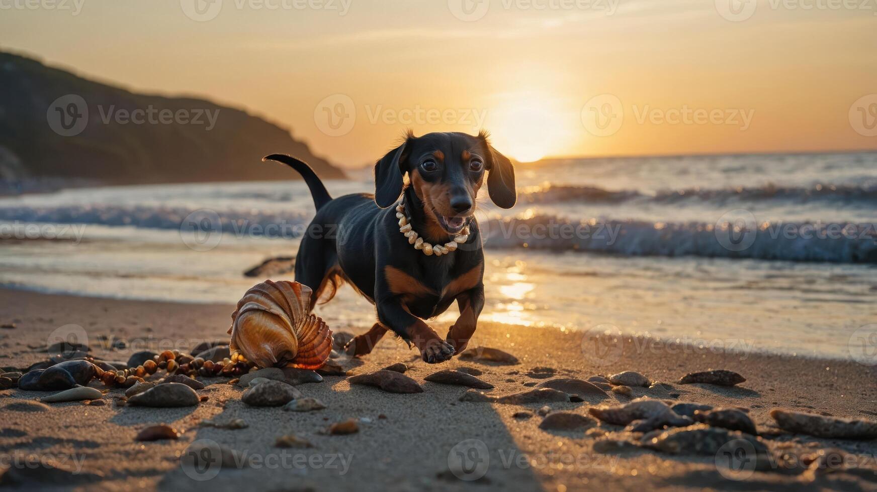 A playful dachshund runs along the beach at sunset, surrounded by seashells. photo