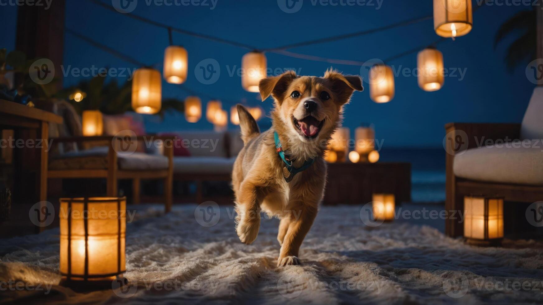 A joyful dog runs through a cozy outdoor setting illuminated by lanterns at night. photo