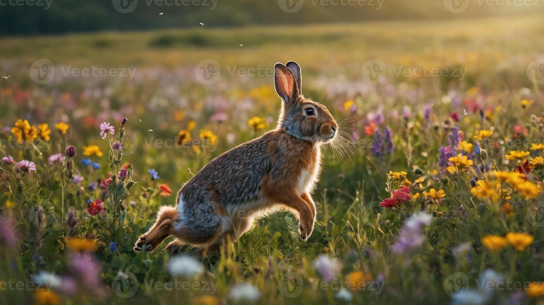 A rabbit leaps joyfully through a vibrant wildflower field at sunset. photo