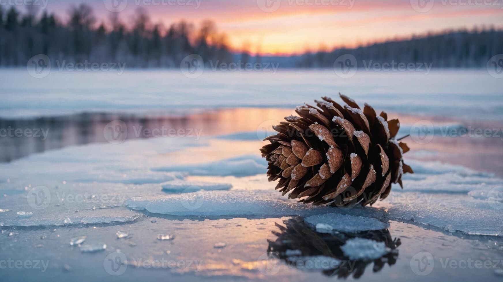 A pine cone rests on ice by a lake at sunset, capturing a serene winter landscape. photo