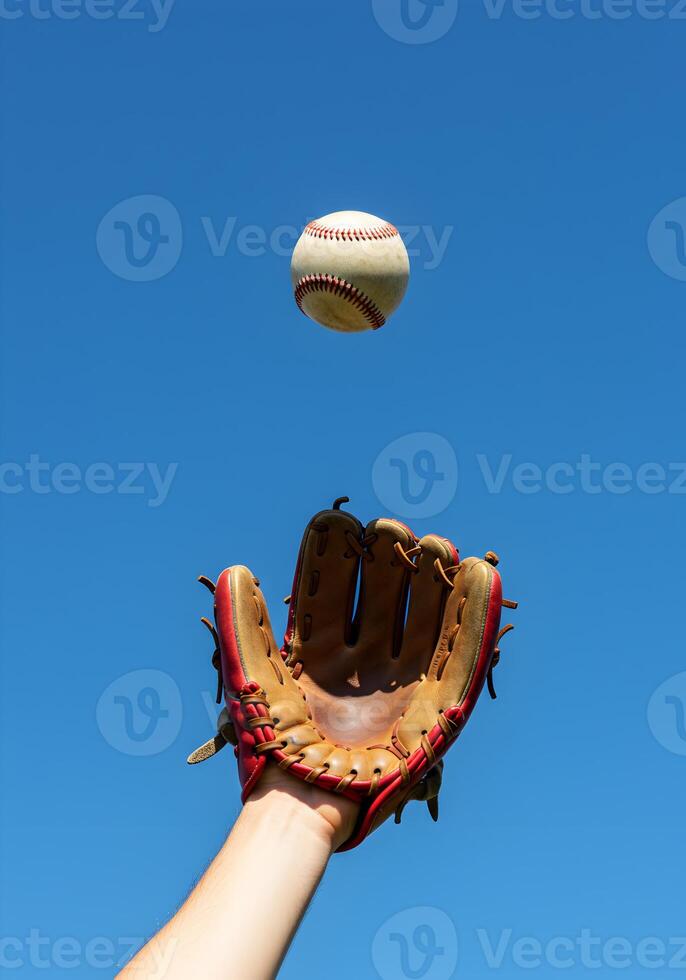 Baseball Glove Catching a Ball Against a Blue Sky photo
