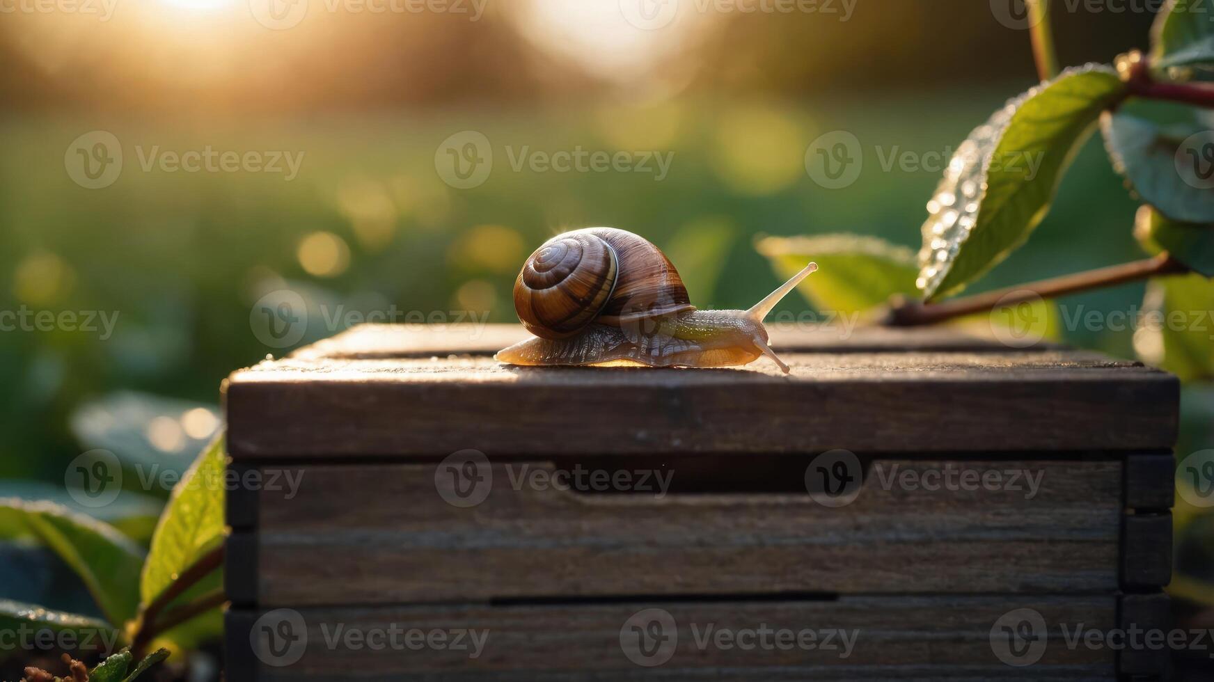 A snail crawls on a wooden box surrounded by green leaves and soft sunlight. photo