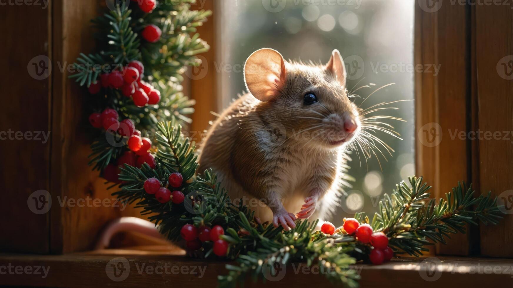 A mouse perched on a festive wreath by a window, capturing a cozy holiday atmosphere. photo