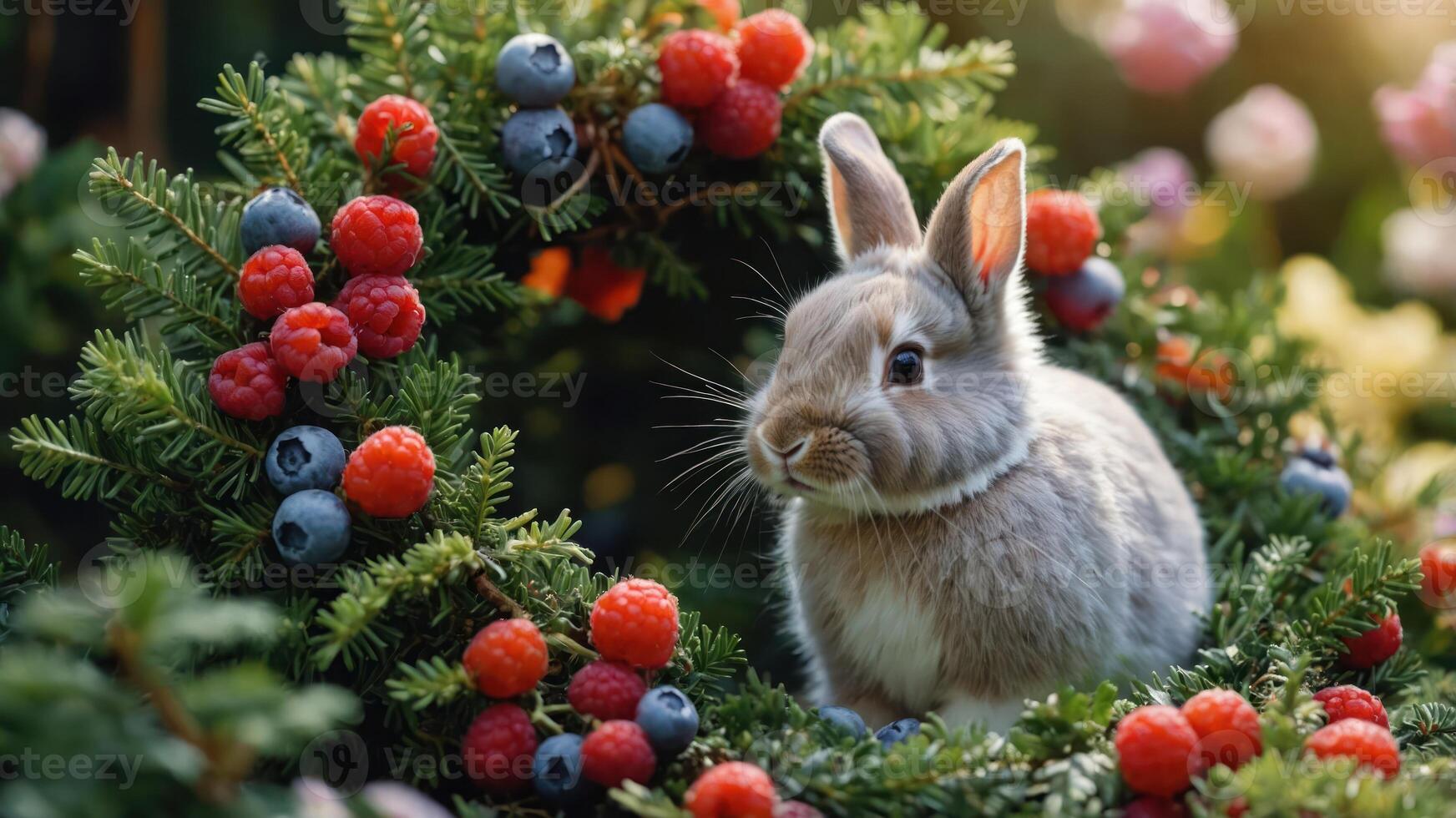 A cute rabbit surrounded by a colorful wreath of berries and greenery. photo
