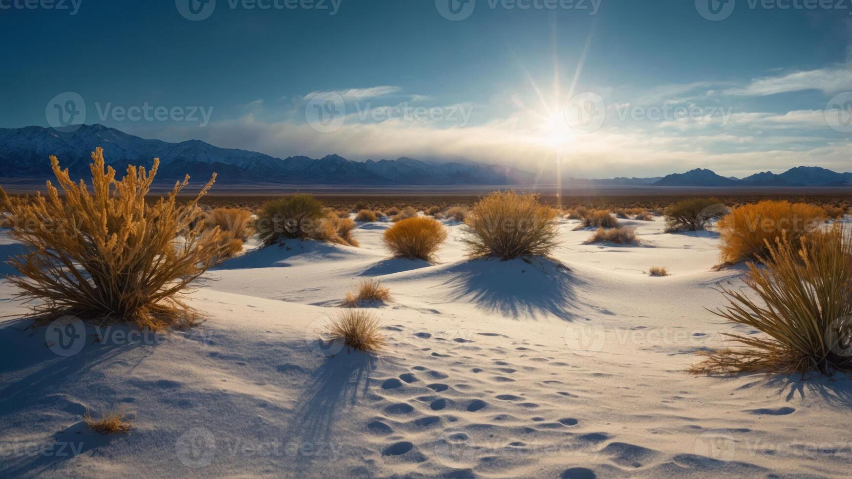 A serene desert landscape at sunset with gentle dunes and sparse vegetation. photo