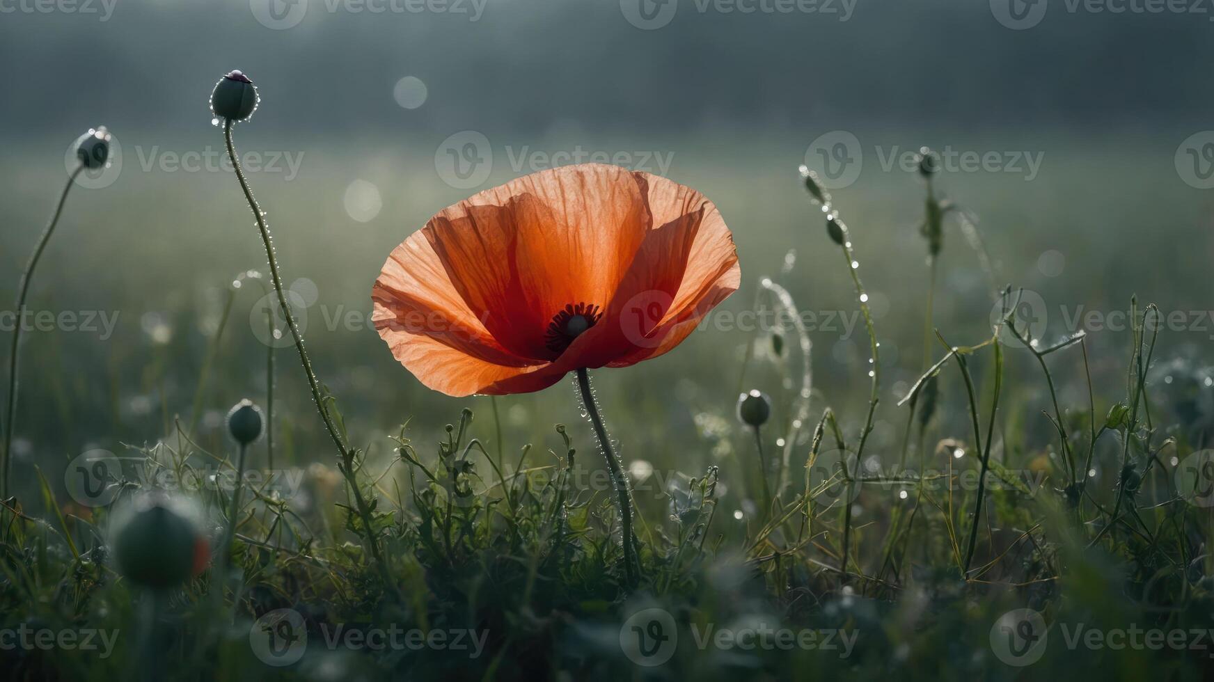 A vibrant poppy flower stands out in a misty field, surrounded by dew-kissed greenery. photo