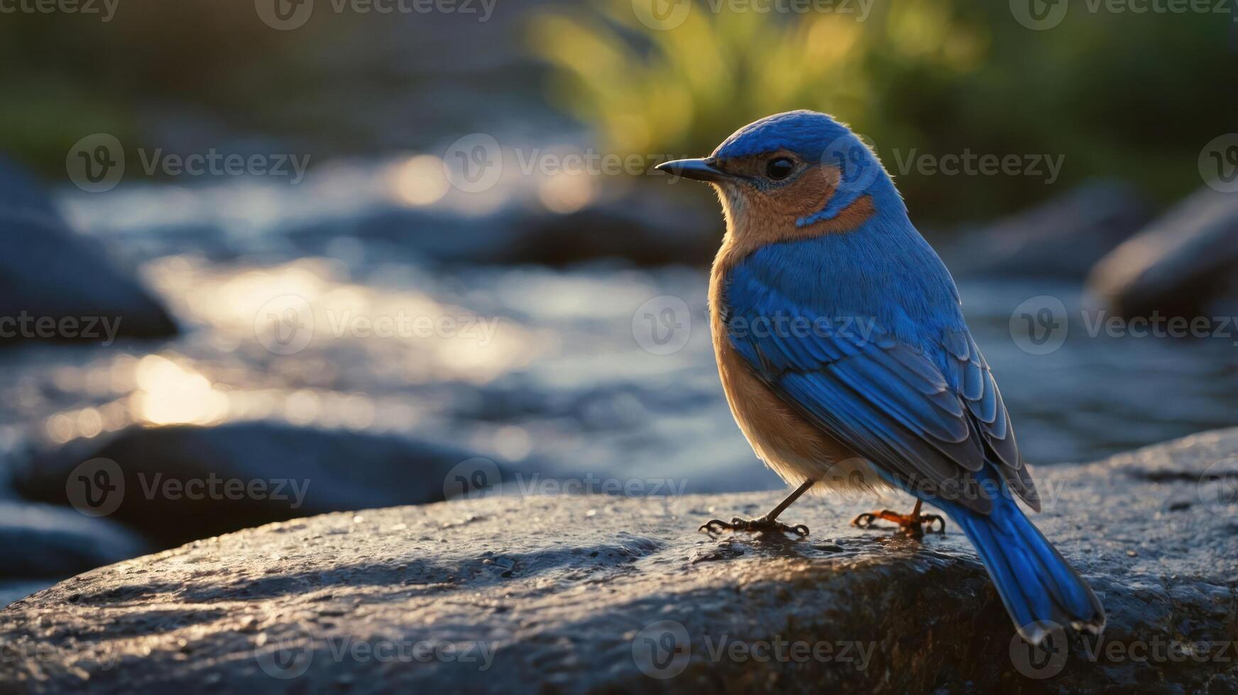 A bluebird perched on a rock near a flowing stream during golden hour. photo