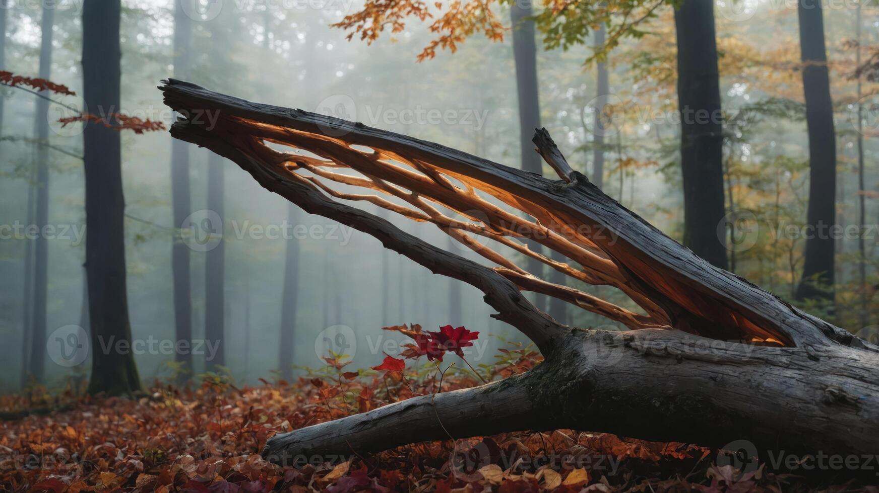 A tranquil forest scene with a fallen log, autumn foliage, and misty atmosphere. photo