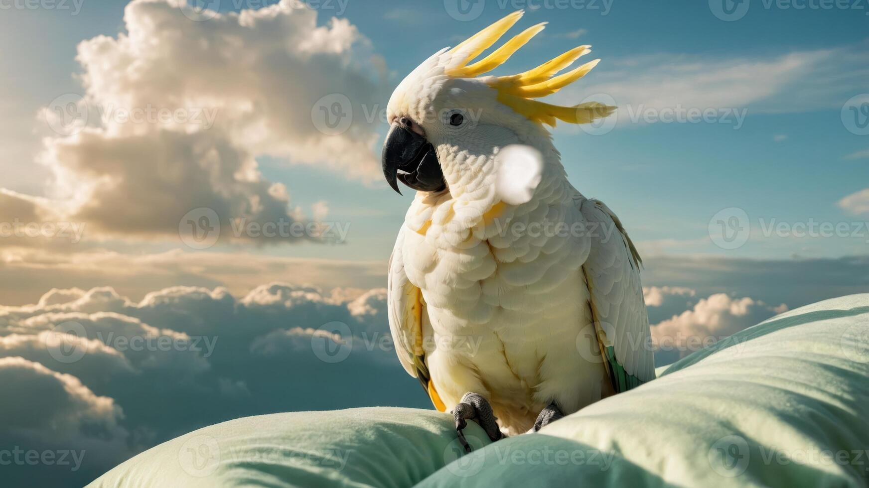 A cockatoo perched on a soft pillow above the clouds during a serene sunset. photo