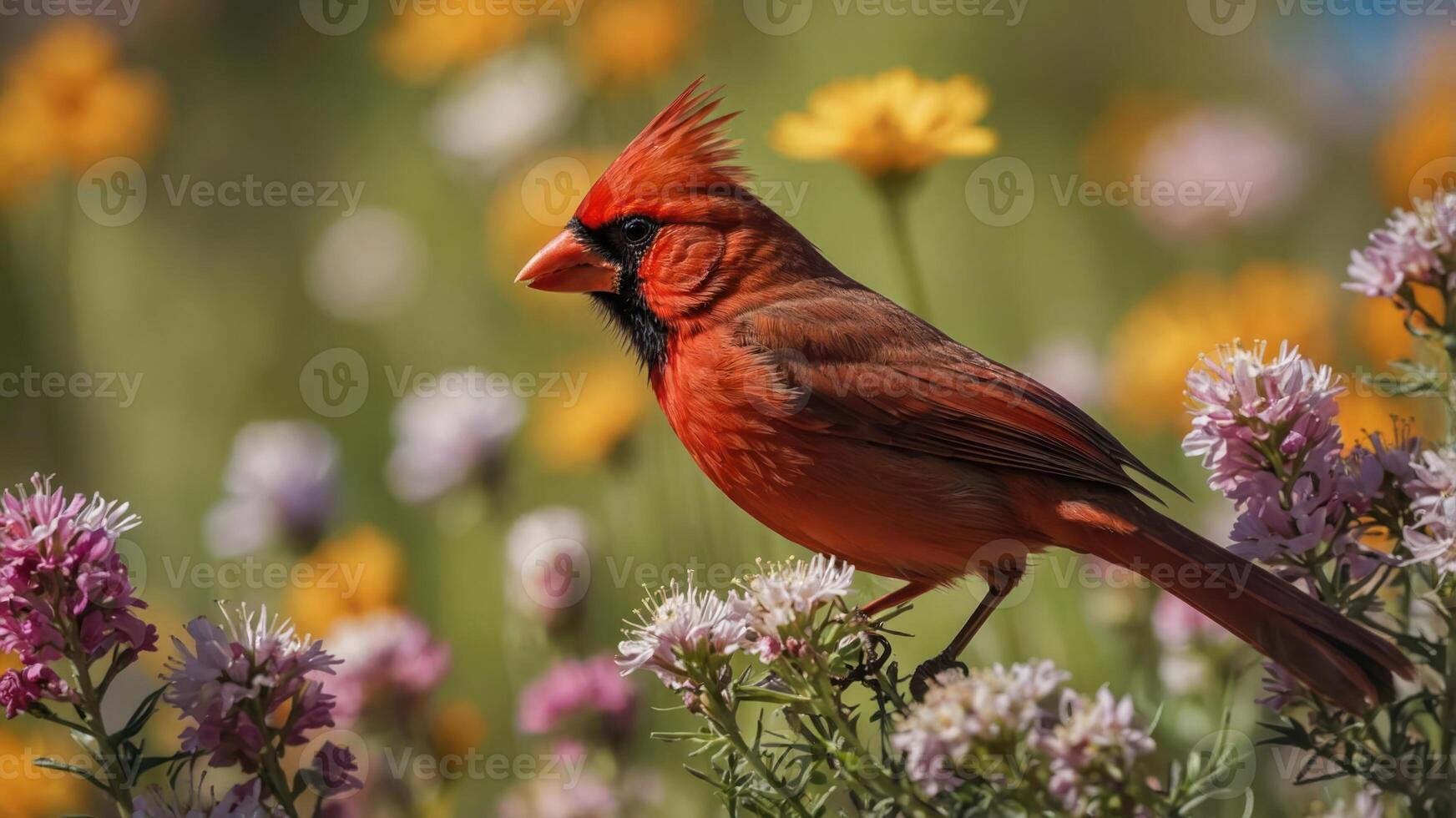 A vibrant red cardinal perched among colorful wildflowers in a sunny field. photo