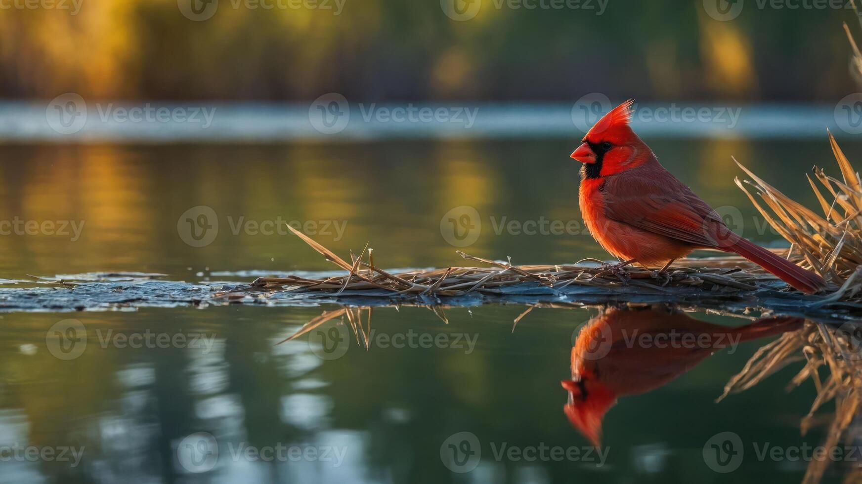 A vibrant cardinal perched by a serene lake, reflecting on the water's surface. photo