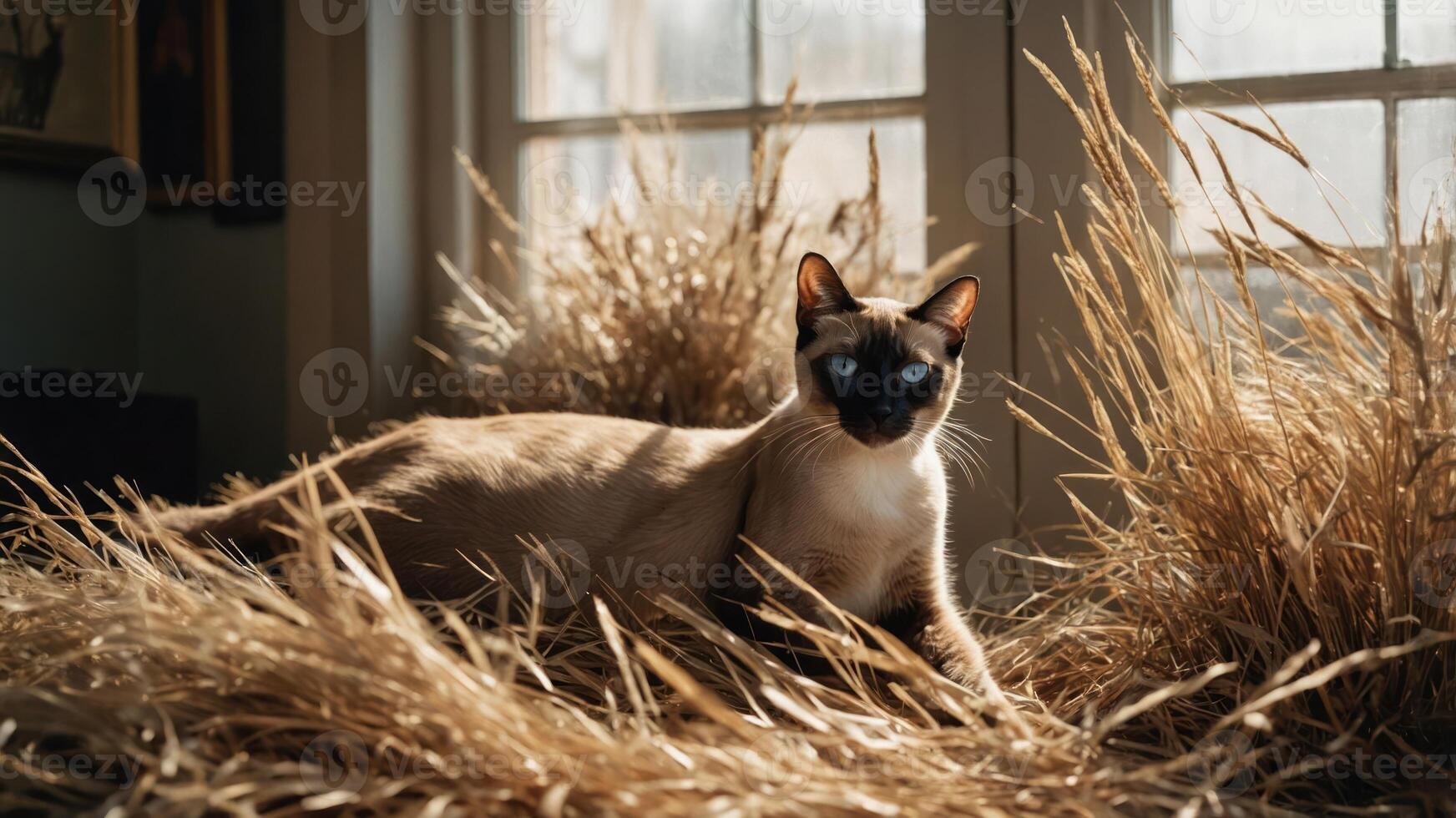 A cat lounging in a field of dry grass by a sunlit window. photo