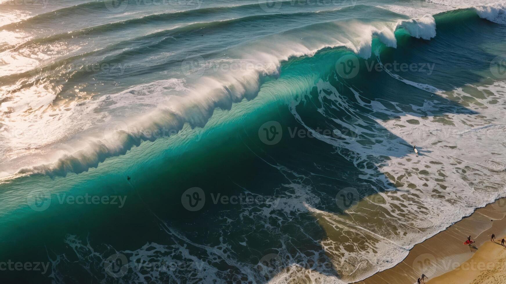 Aerial view of crashing ocean waves meeting a sandy beach at sunset. photo