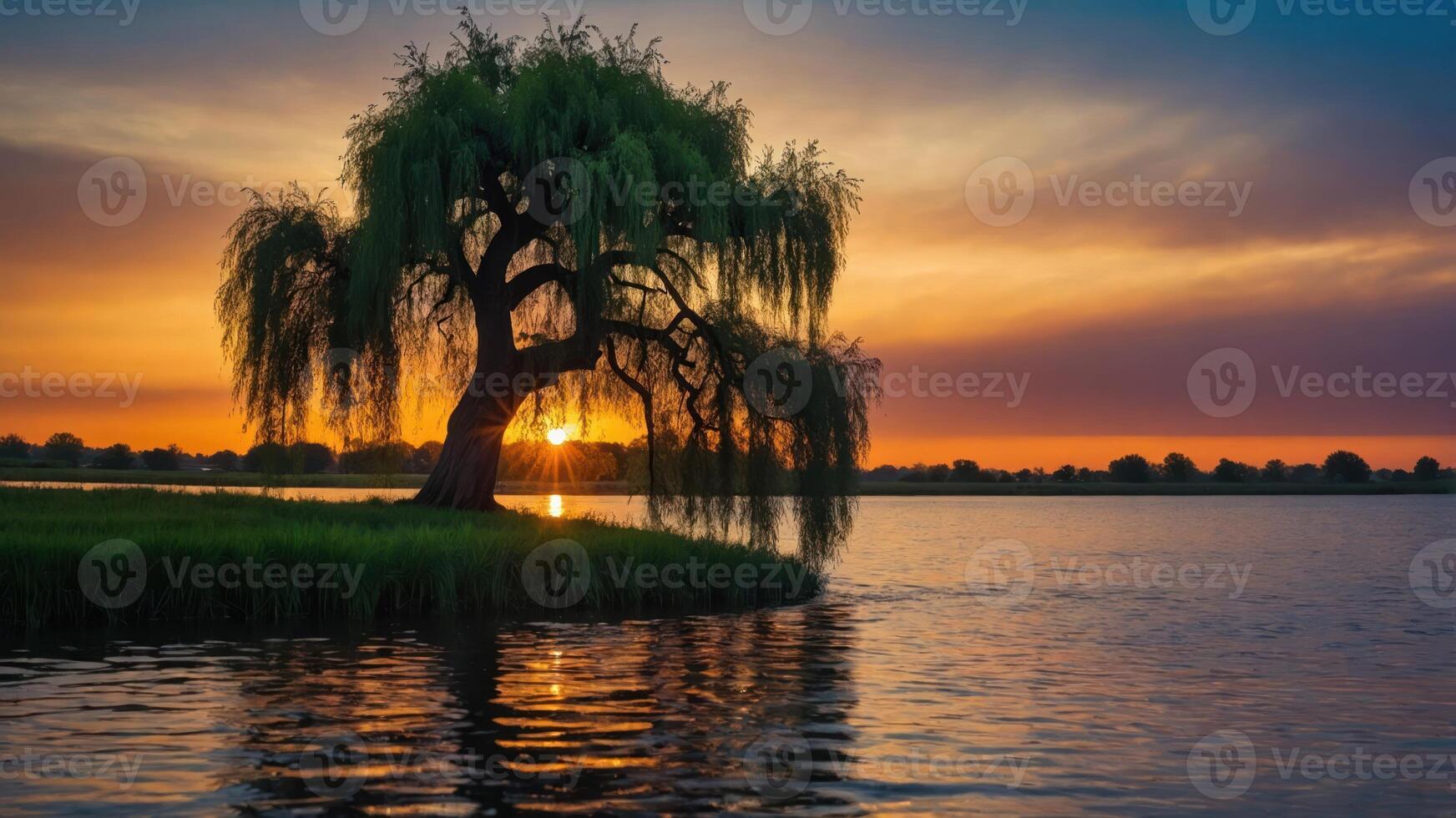 A serene sunset over a lake with a willow tree, creating a peaceful natural landscape. photo