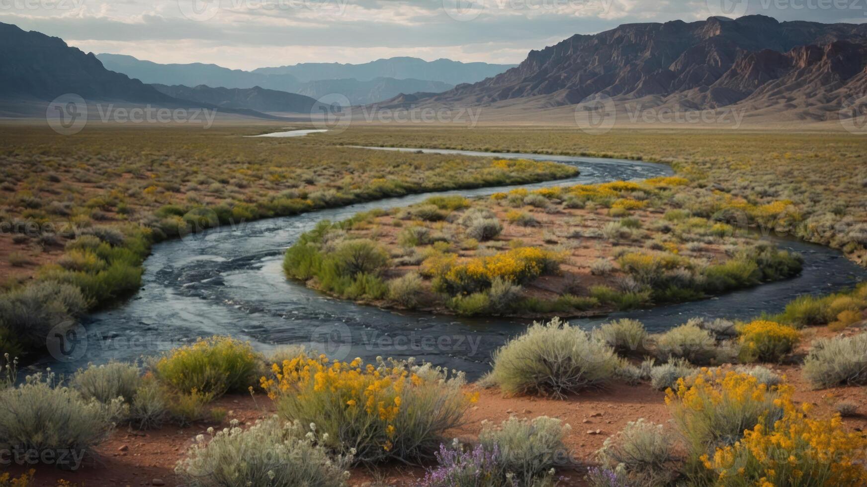 A winding river flows through a vibrant desert landscape adorned with wildflowers and mountains. photo