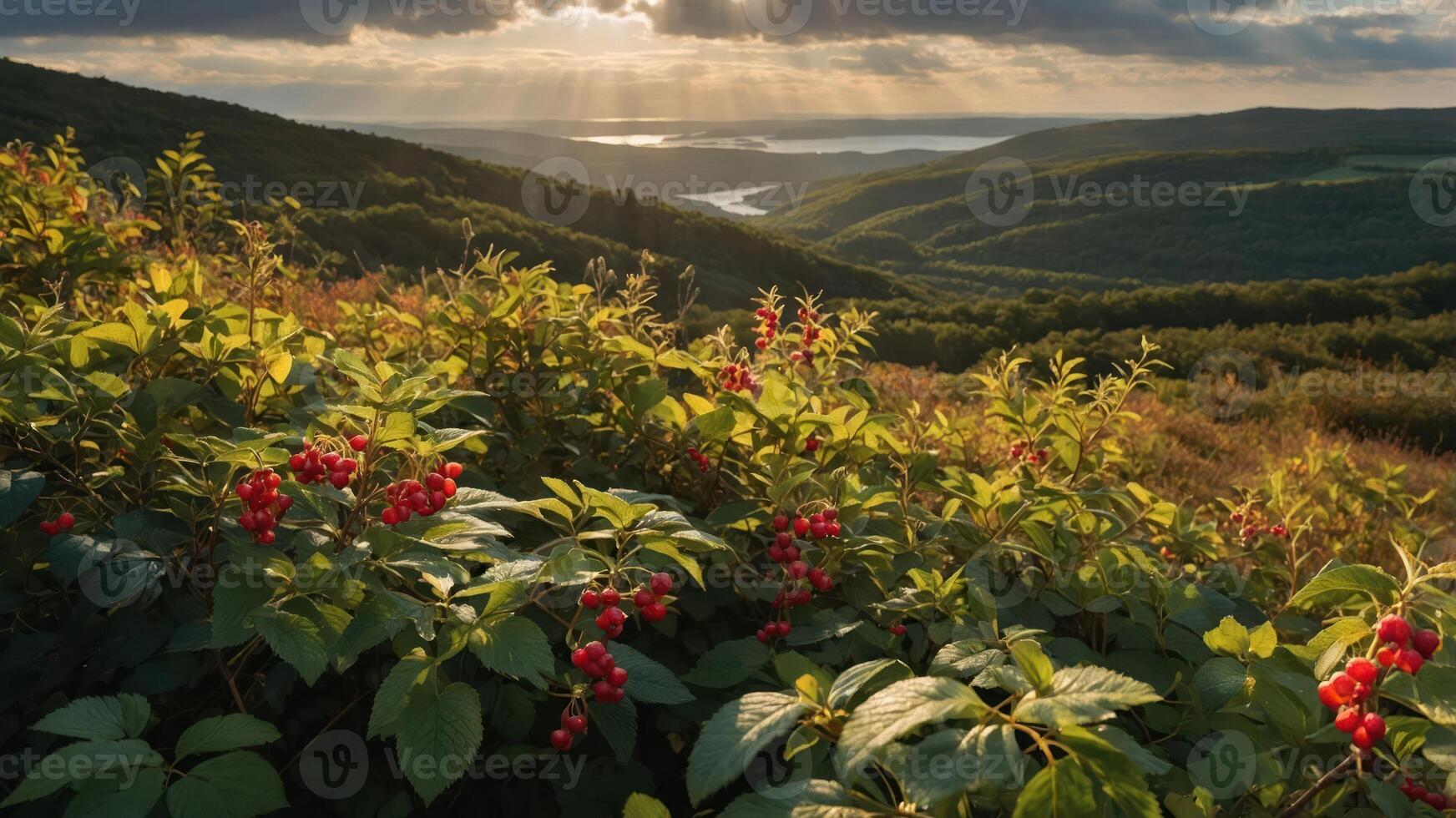A scenic view of a valley with lush greenery and red berries under a dramatic sky. photo