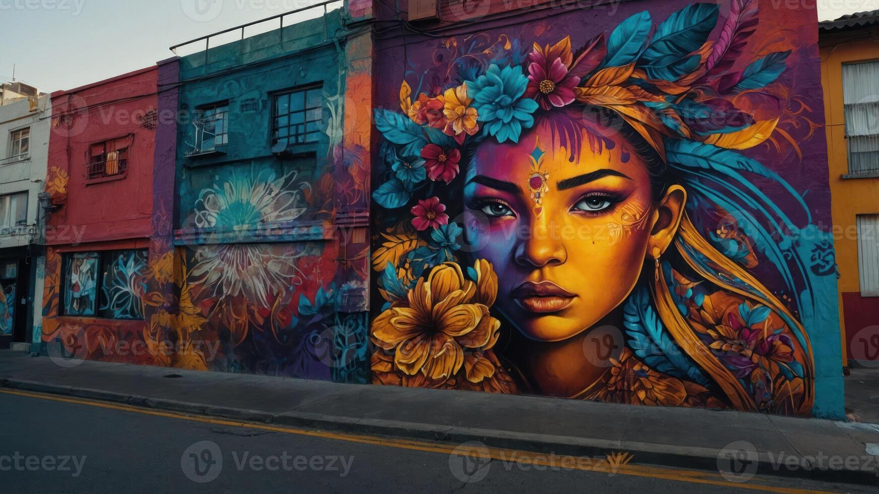 A vibrant mural depicting a woman's face adorned with flowers and colorful patterns. photo