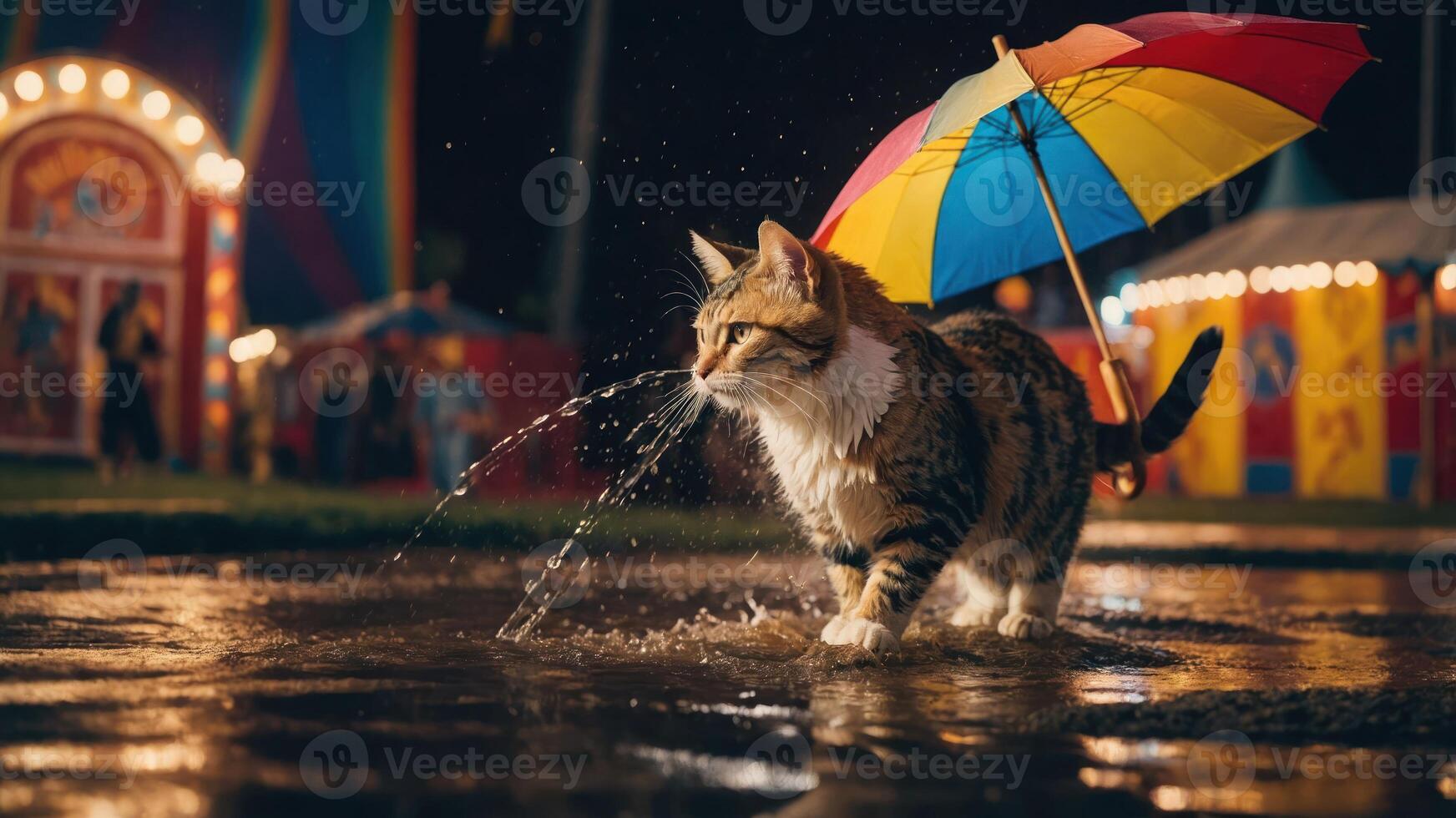 A cat walks in the rain, holding a colorful umbrella at a carnival scene. photo