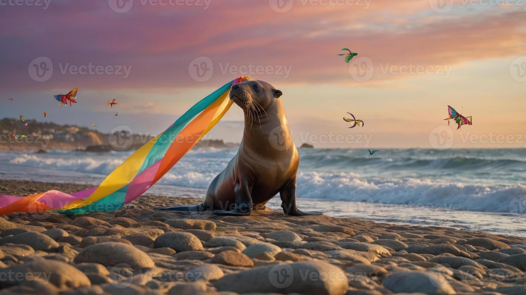 A playful seal on the beach holds a colorful ribbon against a scenic sunset backdrop. photo