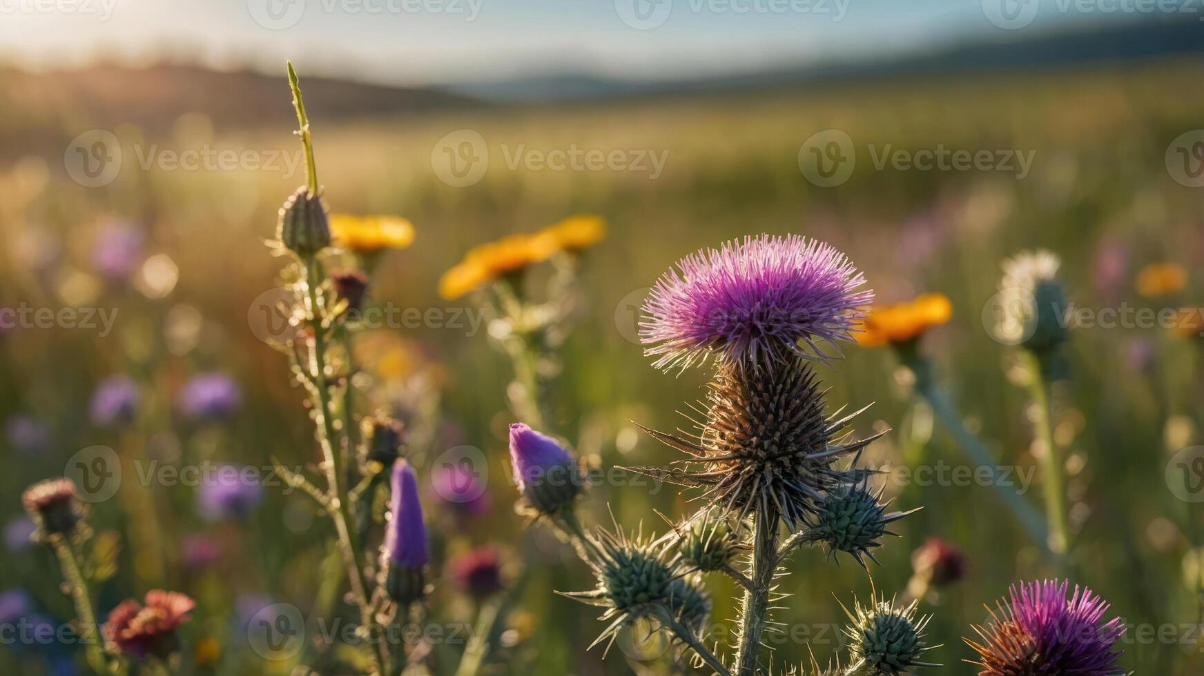 A close-up of vibrant wildflowers in a sunlit field, showcasing nature's beauty. photo