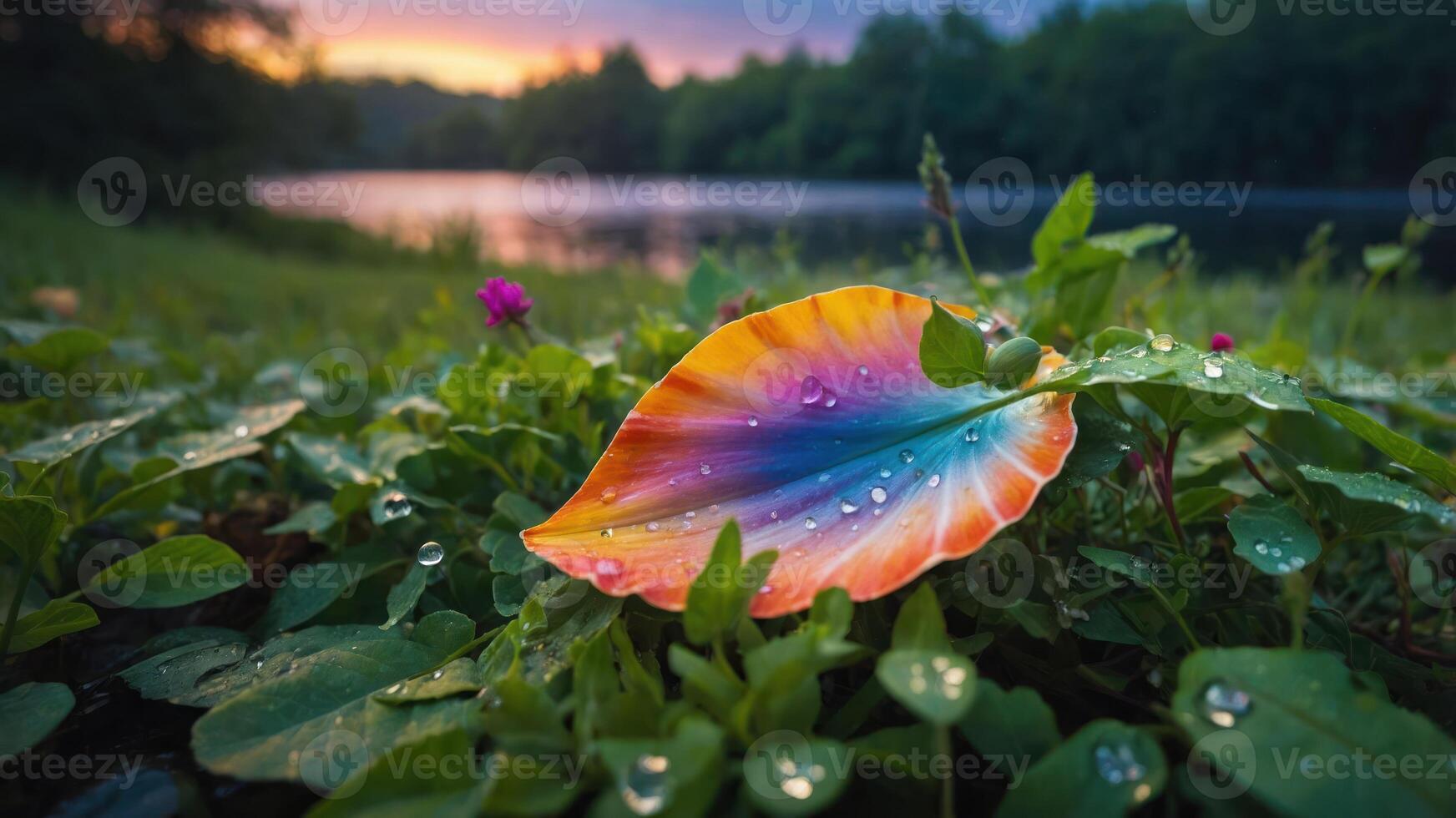 A vibrant, colorful leaf rests on green grass near a serene lake at sunset. photo