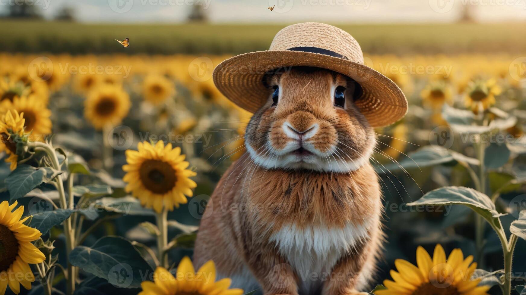 A cute rabbit wearing a straw hat in a sunflower field. photo