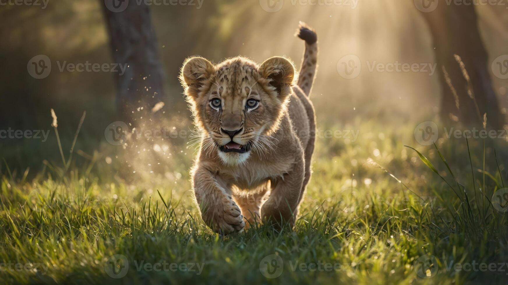 A playful lion cub running through grass, illuminated by soft sunlight. photo
