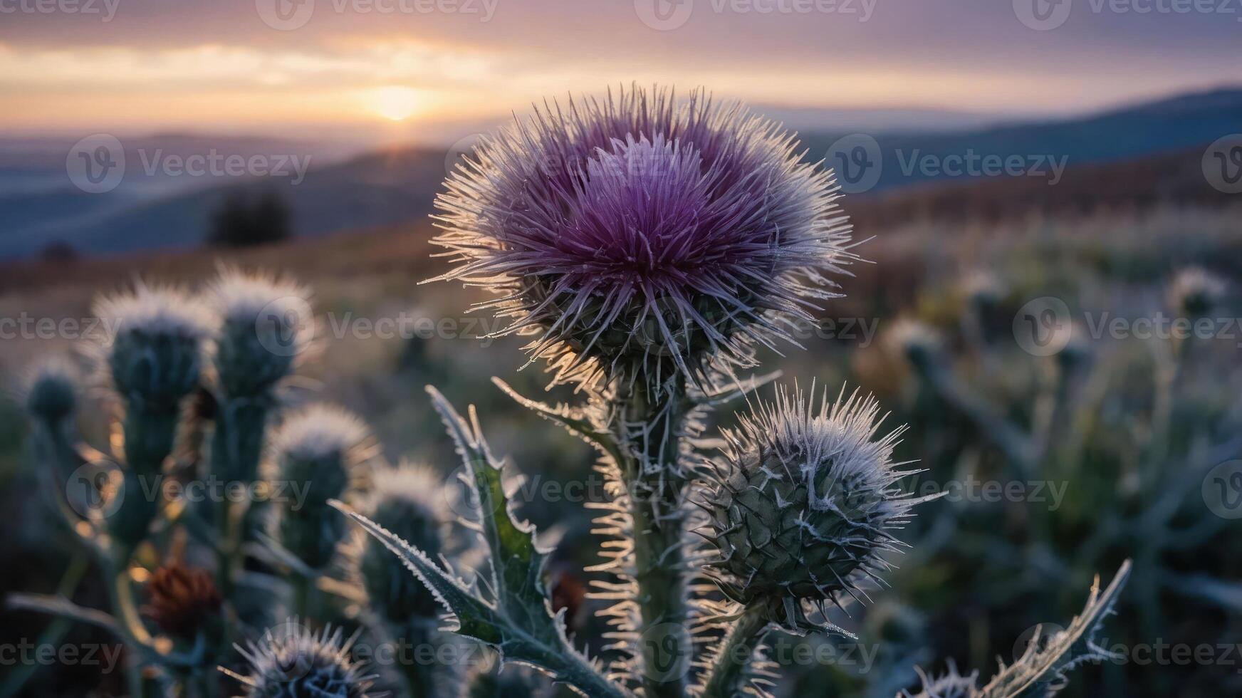 A close-up of a thistle plant with vibrant purple flowers against a sunset backdrop. photo
