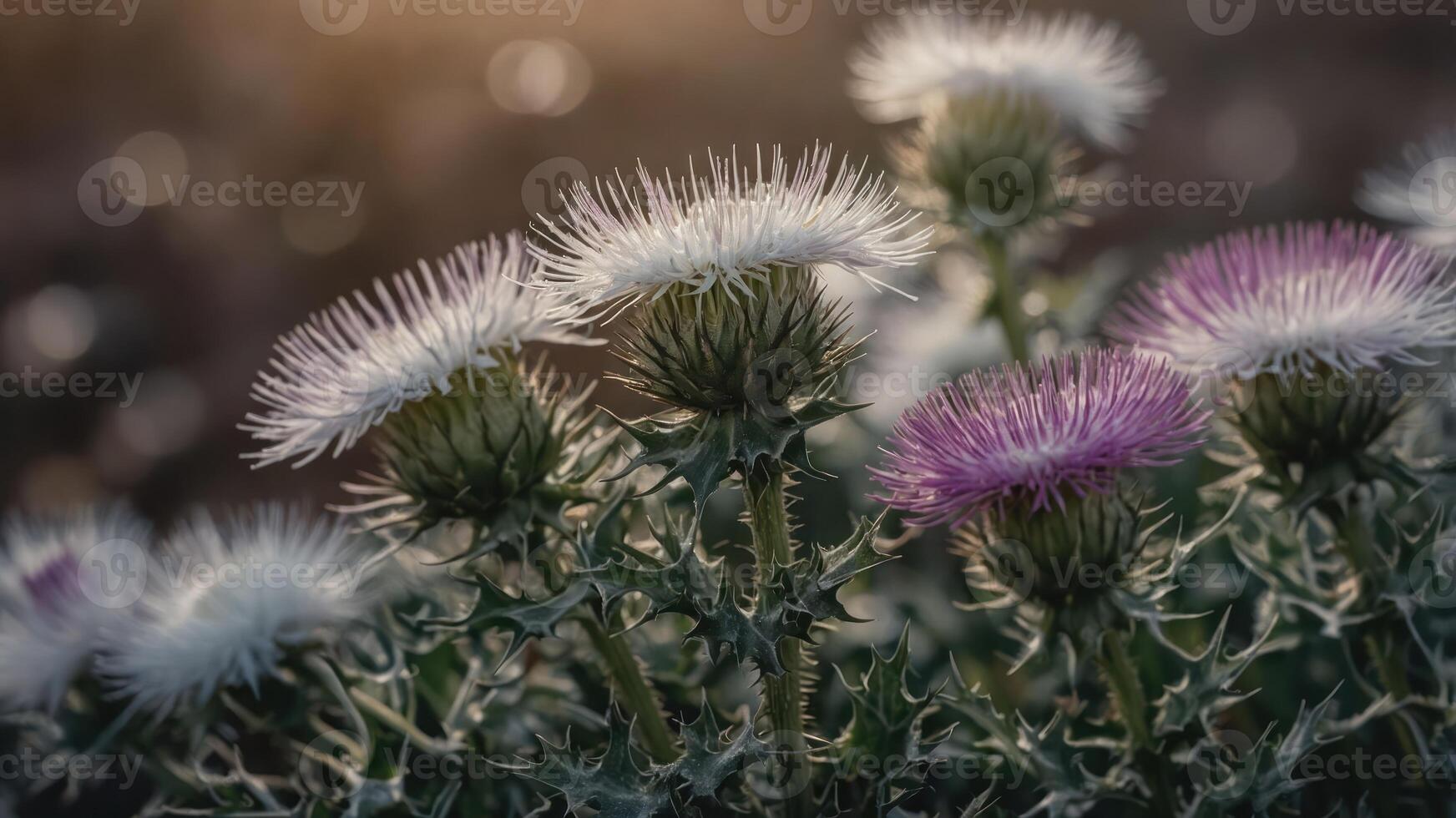 A close-up of colorful thistle flowers with a blurred background, showcasing nature's beauty. photo