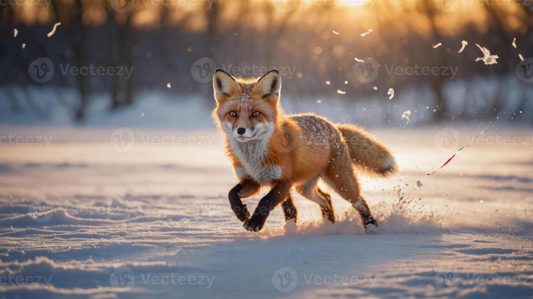 A fox running through the snow, capturing a moment of wildlife in a winter landscape. photo