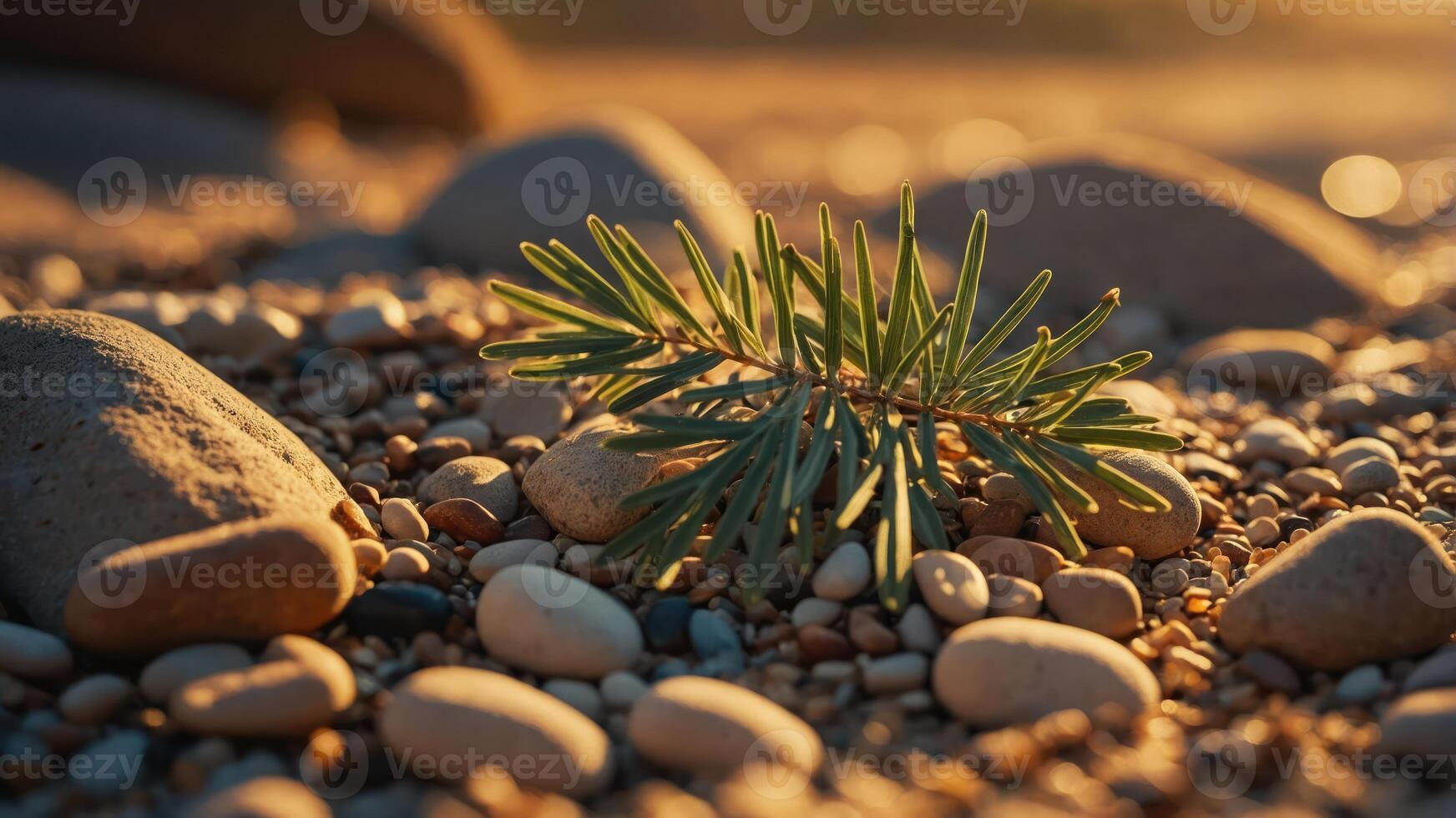 A close-up of a green sprig resting on smooth pebbles by a water's edge. photo