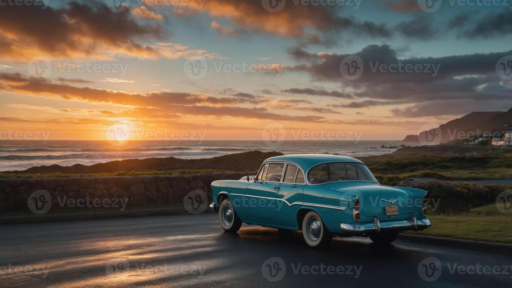 A vintage car parked by the ocean at sunset, capturing a serene travel moment. photo