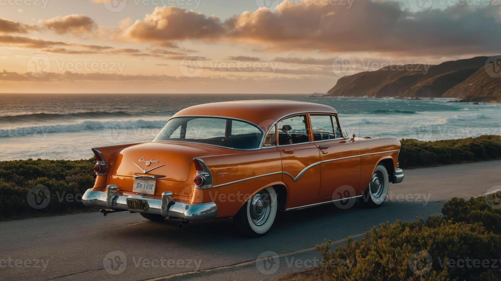A classic orange car parked by the ocean at sunset, showcasing a vintage vibe. photo