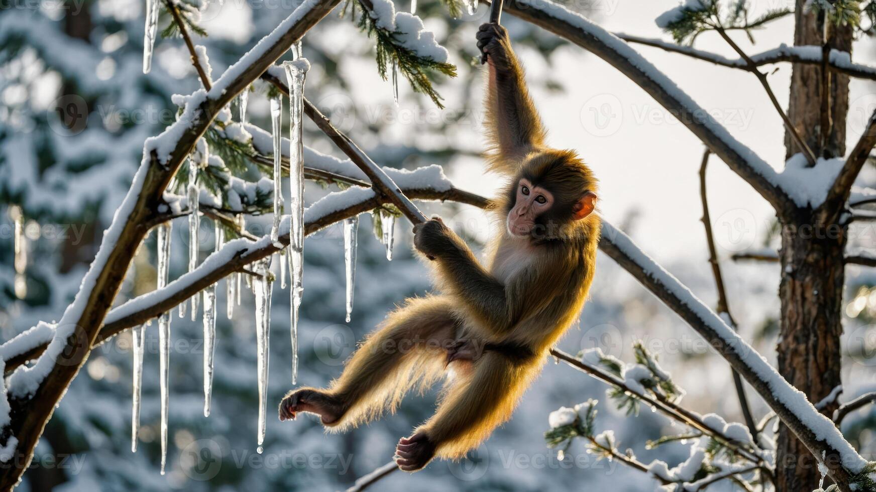A monkey hanging from a snowy branch with icicles, showcasing a winter scene. photo