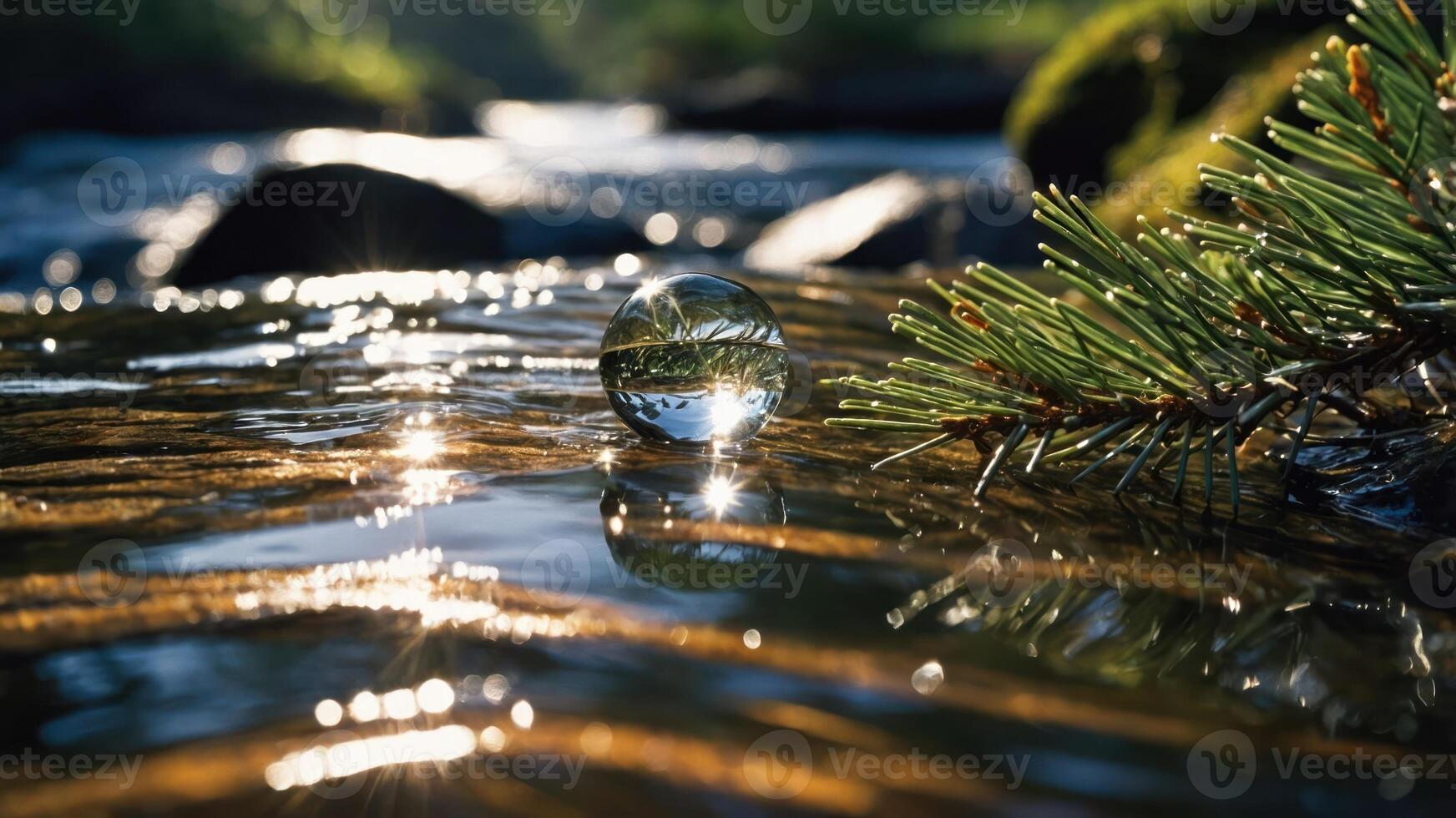 A crystal ball rests on a stream, reflecting nature and light amidst pine branches. photo