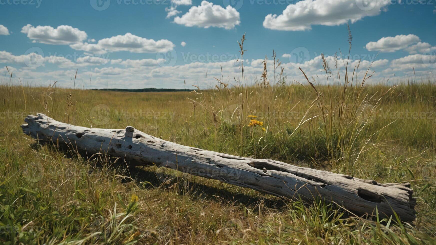 A weathered log rests on a grassy field under a blue sky with fluffy clouds. photo
