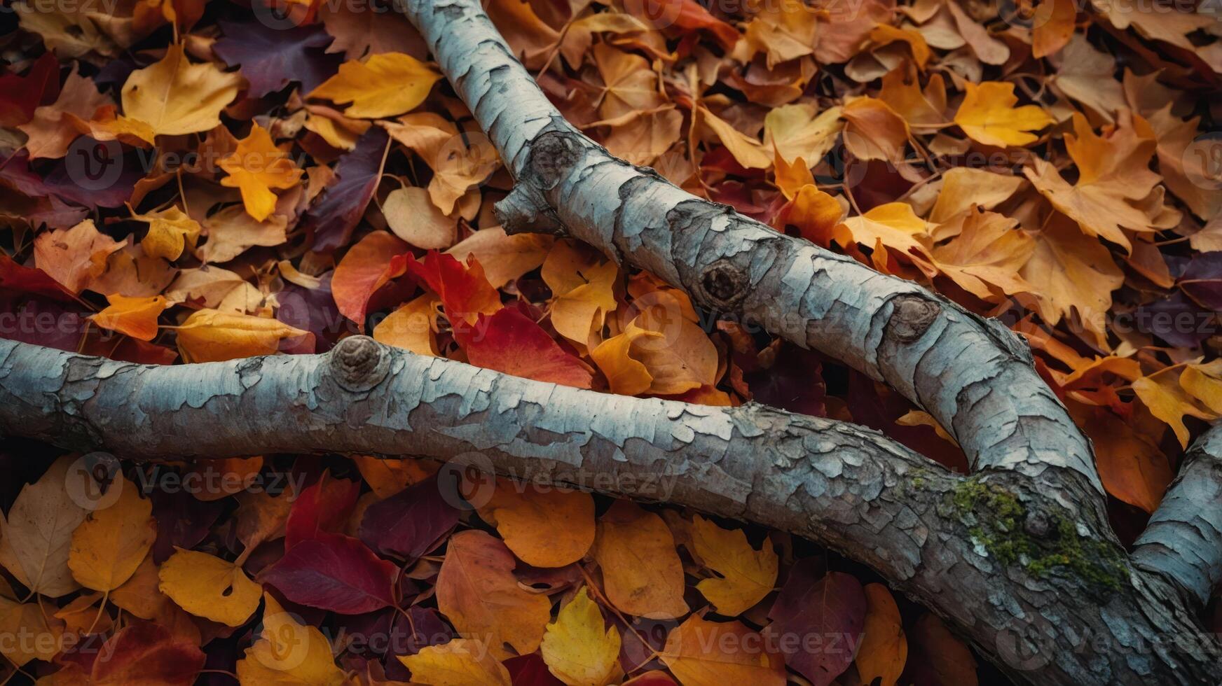 A close-up of a tree branch on a vibrant carpet of autumn leaves. photo