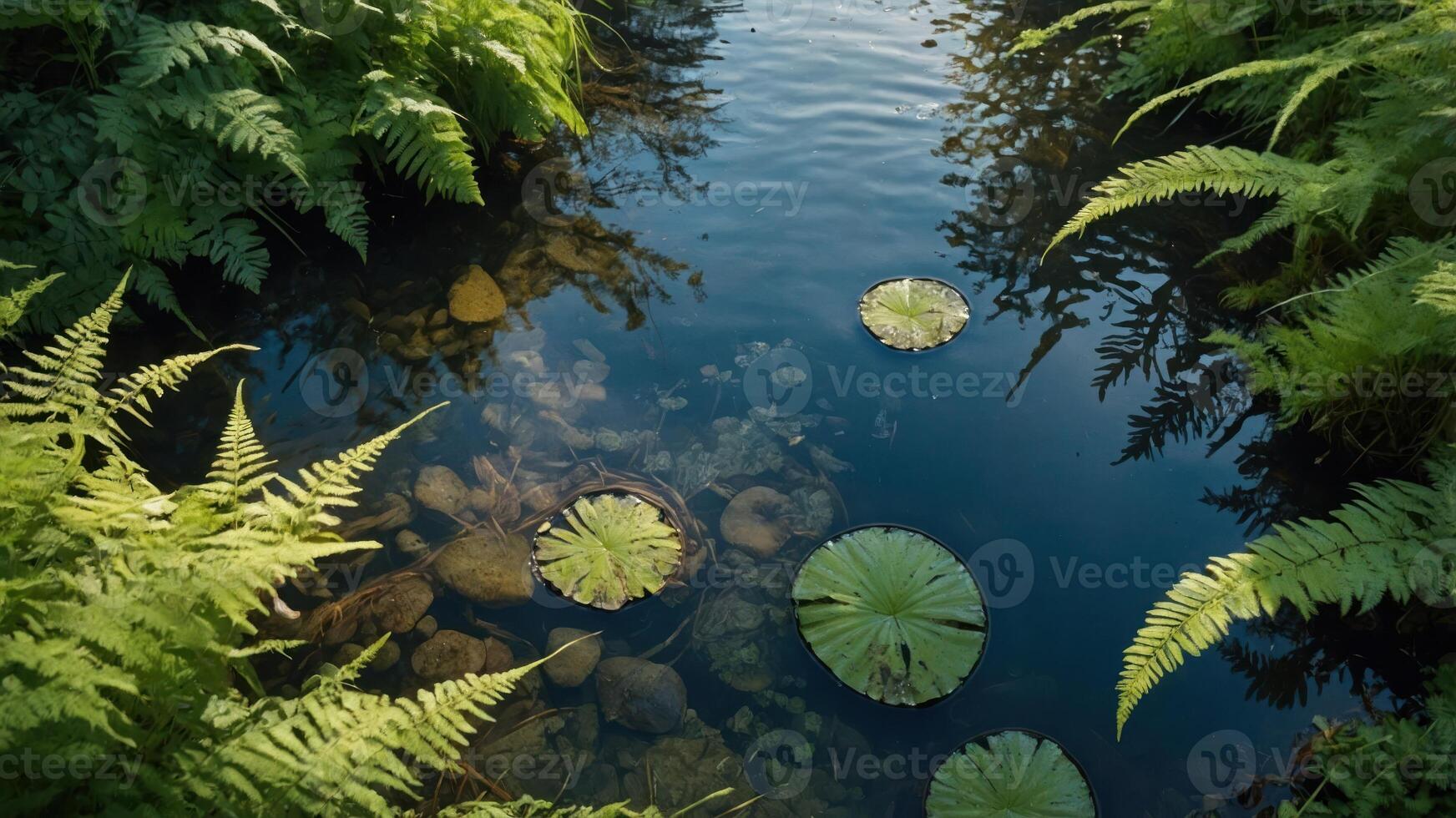 A serene pond surrounded by ferns and lily pads, reflecting nature's tranquility. photo