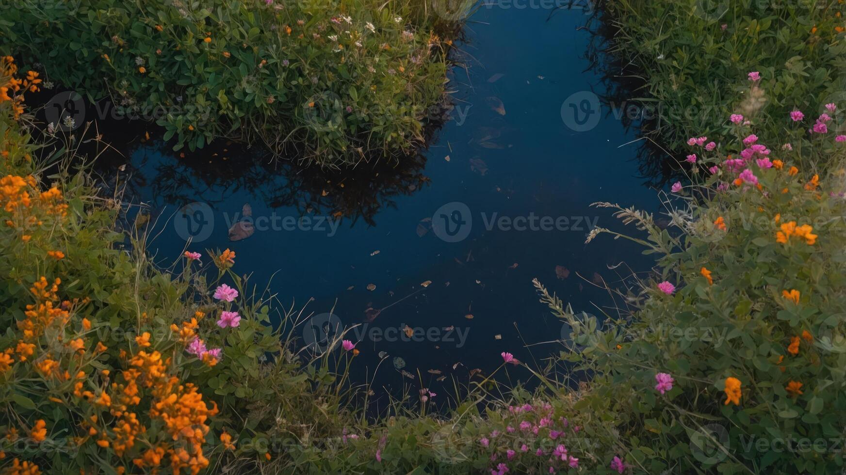 A tranquil scene featuring a winding waterway surrounded by vibrant wildflowers. photo