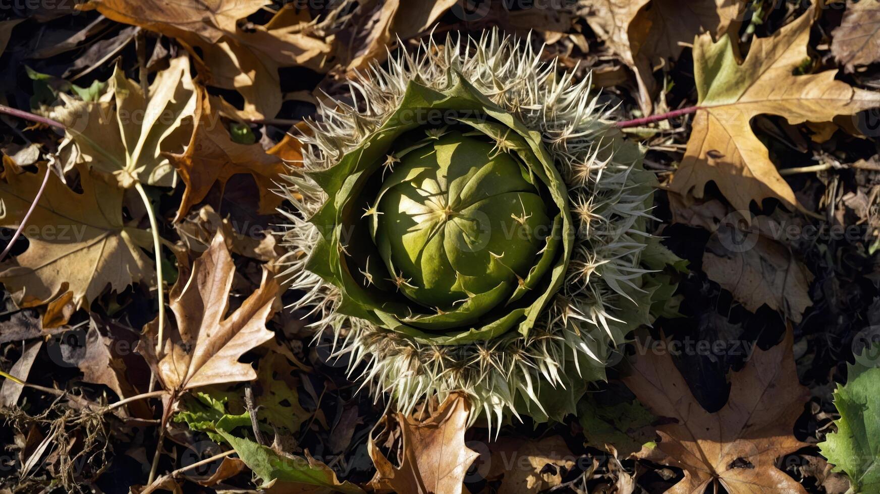 A spiky green plant surrounded by autumn leaves on the forest floor. photo